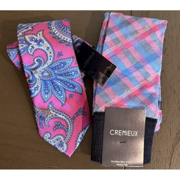 Cremieux Tie & Sock Set ITALIAN SILK Paisley Pink Blue Plaid Dress SOCKS NEW - Picture 1 of 10
